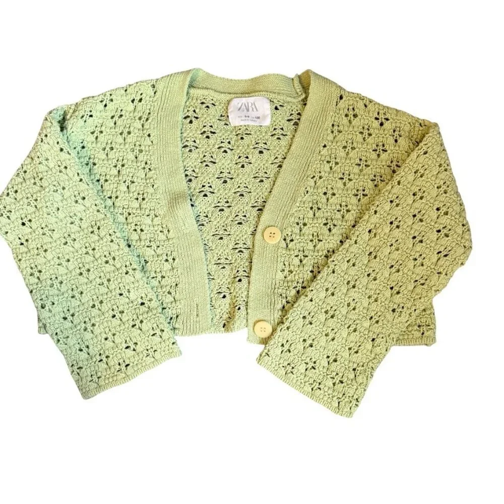 Zara Girls Crochet Knit Cardigan Light Green Sweater Size 8